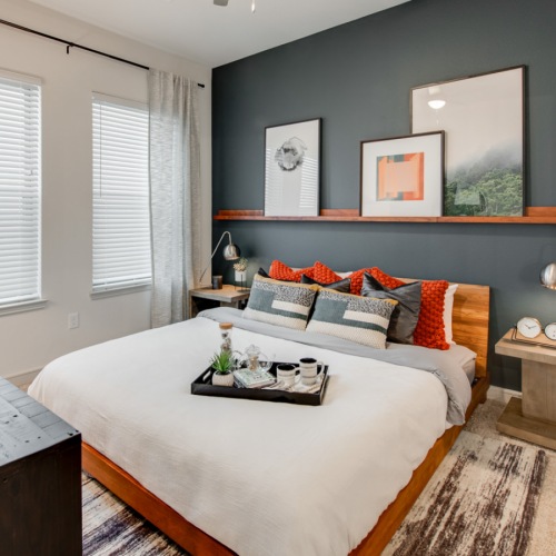 Large well lit bedroom with plush carpets and large windows 